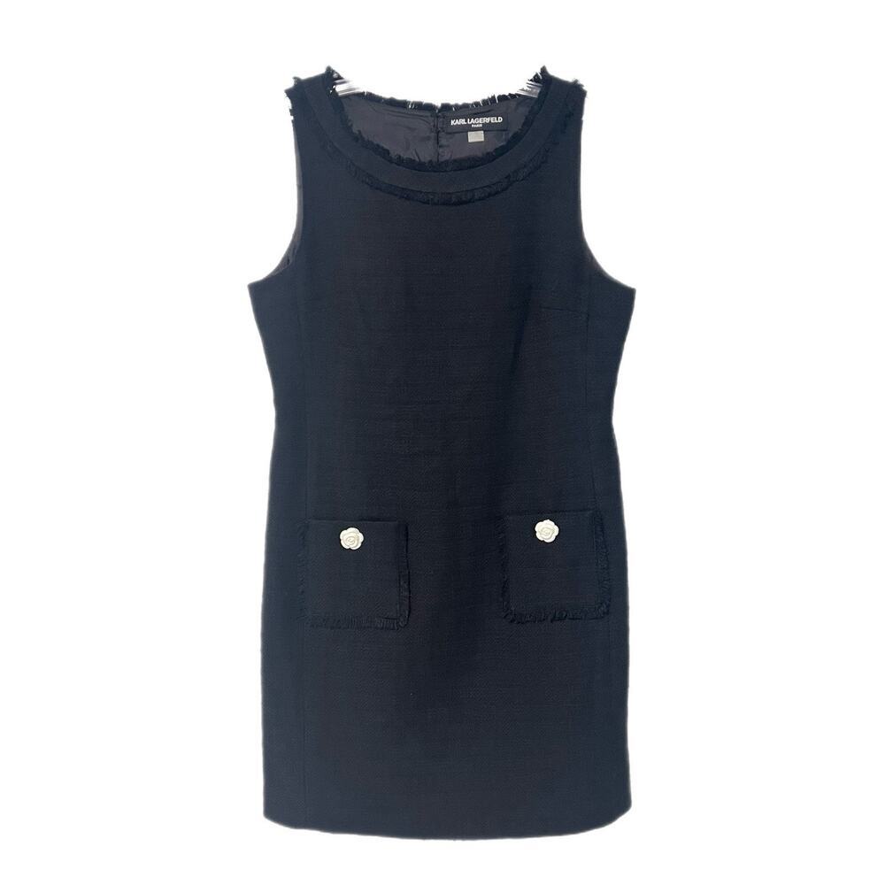 Karl Lagerfeld Paris Tweed Dress 12 Black Pockets Rosette Button LBD Old Money